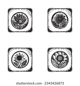 Lino nórdico floral con motivos rústicos para un juego de logos peculiar. Gráfica botánica dibujada a mano en la colección de diseño de estilo escandi retro.