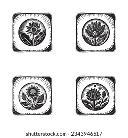 Lino nórdico floral con motivos rústicos para un juego de logos peculiar. Gráfica botánica dibujada a mano en la colección de diseño de estilo escandi retro.