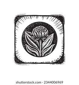 Lino nórdico floral con motivos rústicos para la estampación peculiar del logo. Dibujo botánico dibujado a mano en diseño de estilo escandi retro. 