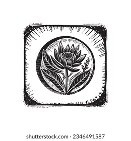 Lino nórdico floral con motivos rústicos para la estampación peculiar del logo. Dibujo botánico dibujado a mano en diseño de estilo escandi retro. 