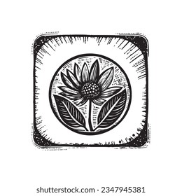 Lino nórdico floral con motivos rústicos para la estampación peculiar del logo. Dibujo botánico dibujado a mano en diseño de estilo escandi retro. 