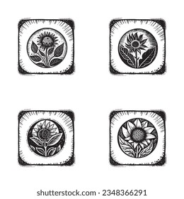 Lino nórdico floral con motivos rústicos para un juego de logos peculiar. Gráfica botánica dibujada a mano en la colección de diseño de estilo escandi retro.