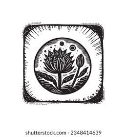 Lino nórdico floral con motivos rústicos para la estampación peculiar del logo. Dibujo botánico dibujado a mano en diseño de estilo escandi retro. 