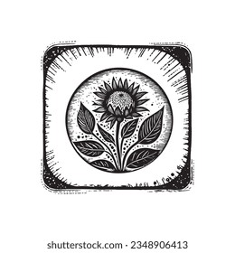 Lino nórdico floral con motivos rústicos para la estampación peculiar del logo. Dibujo botánico dibujado a mano en diseño de estilo escandi retro. 