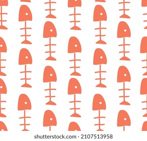 nordic minimalist hand drawn doodle red fish skeleton scandinavian style seamless fabric surface pattern design, wallpaper art, pet shop wrapping paper print, cartoon textile motif, eps vector 10