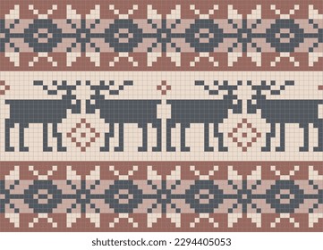Nordic Moose knitting seamless pattern, traditional Christmas knitted border, vector geometric background