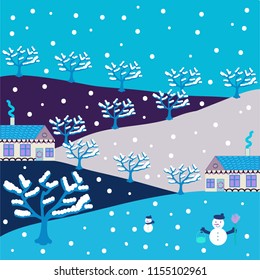 Nordic nature landscape concept. Perfect for textile. Hand drawn vector abstract scandinavian graphic illustration with house, trees and mountains on gray, blue, violet, white and beige colors.