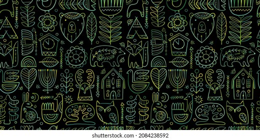 Nordic Ornament. Forest Animals, Folk Background. Seamless pattern for your design