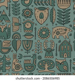 Nordic Ornament. Forest Animals, Folk Background. Seamless pattern for your design