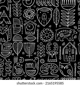 Nordic Ornament. Forest Animals, Folk Background. Seamless pattern for your design