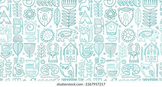 Nordic Ornament. Forest Animals, Folk Background. Seamless pattern for your design