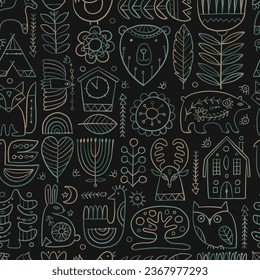 Nordic Ornament. Forest Animals, Folk Background. Seamless pattern for your design