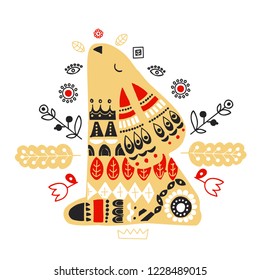 Nordic ornaments, folk art pattern. Scandinavian style. Rabbit and forest flowers. Vector illustration.