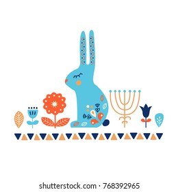 Nordic ornaments, folk art pattern. Scandinavian style. Rabbit and forest flowers. Vector illustration.