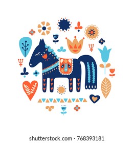 Nordic ornaments, folk art pattern. Scandinavian style. Horse and forest flowers. Vector illustration.