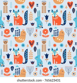 Nordic ornaments, folk art seamless pattern. Scandinavian style. Forest animal and flower. Vector illustration.