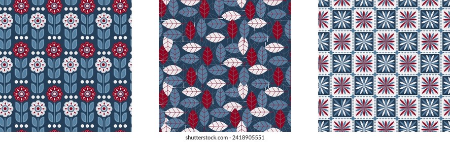 Nordic pattern beige, brow and green color with trees, flowers and geometric elements