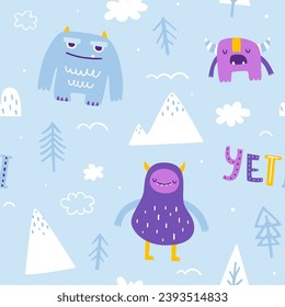 Nordic pattern with cute yeti. Seamless scandinavian vector print with sleeping doodle yeti for kids.