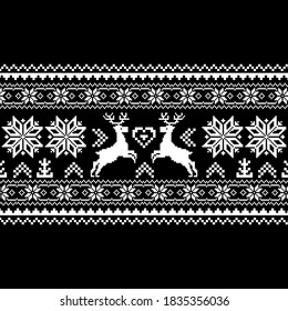 Nordic pattern for a New Year's sweater with deer and a heart Color white Background Black, which can be changed.