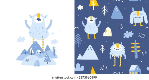 Nordic pattern set with cute yeti. Seamless scandinavian collection vector print with naive doodle yeti for kids pajamas.