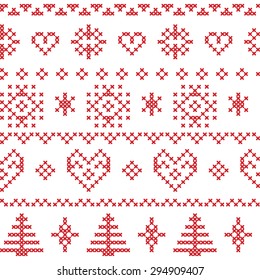 Patrón nórdico con copos de nieve y árboles de Navidad y adornos decorativos en rojo 
