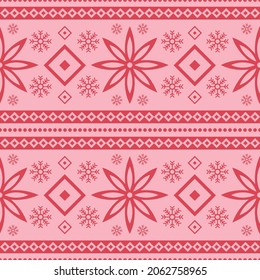 Nordic pink Christmas seamless vector pattern. Norwegian style design with decorative flowers and snowflakes. Festive repeating horizontal stripe border. Suitable for holiday sweater and jumper art. 