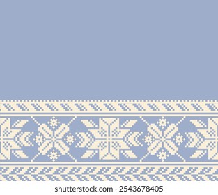 Patrón nórdico del arte del pixel con los motivos clásicos del invierno, diseño del bordado en azul suave y blanco