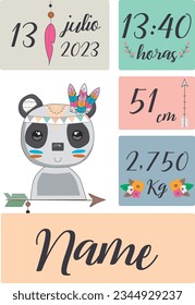 Nordic poster for newborn. With vector illustration of a cute raccoon Day and time of birth, weight and height. Editable. Full color