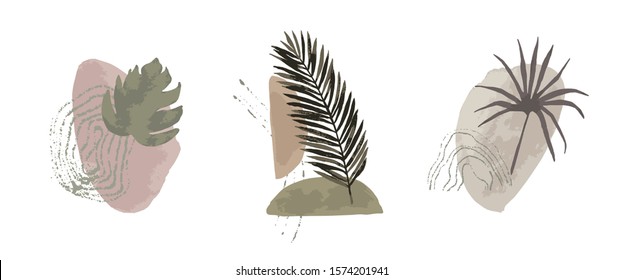 Nordic poster set  with geometric elements and leaves on white background. Abstraction  paint print. Scandinavian style. Abstract contemporary modern trendy vector illustration
