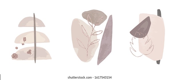 Nordic poster set  with geometric pastel shapes and gold elements on white background. Watercolor  paint print. Scandinavian style. Abstract contemporary modern trendy vector illustration
