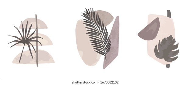 Nordic poster set  with geometric pastel shapes and leaves on white background. Abstraction  paint print. Scandinavian style. Abstract contemporary modern trendy vector illustration