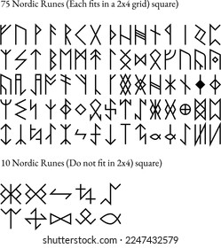 Nordic rune alphabet. 75 Viking symbols and runes with 10 alternative symbols. Norse characters. editable stroke.