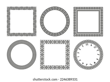 Nordic rune frames. Set of scandinavian futhark decorative borders with runic symbols, ornamental celtic viking north traditional motif. Vector collection of nordic viking frame illustration