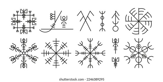 Nordischer Runentalisman. Skandinavische uralte magische Viking-Schutzsymbole, norse Futhark-Amulet mit gezapften mystischen Zeichen. Vektor-einzelne Reihe nordischer paganischer Viking-Elemente - Illustration