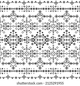 Nordic rune tribal line art vector seamless geometric pattern, textile or fabric print old art designs from Iceland. Minimalist folk art background with heart and abstract shapes, black and white 