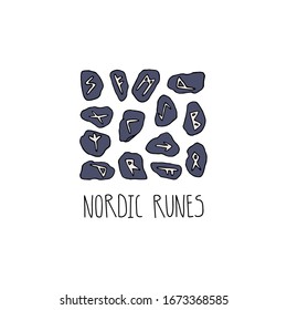 Nordic runes on stones. Futhark set of scandinavian symbols. Paganism and Wicca concept. Hand drawn vector illustration