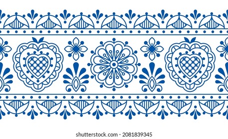 Nordic and Scandinavian folk art outline vector seamless long pattern with flowers and border, floral decorative textile or fabric print design with flowers inspired by old embroidery
