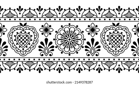 Nordic and Scandinavian folk art outline vector seamless long pattern with flowers and border in black and white, floral decorative textile or fabric print design with flowers 