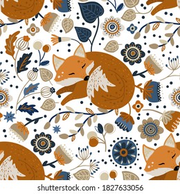 Nordic scandinavian fox animal seamless vector folk pattern. Ornate woodland detailed cartoon wallpaper with dream fox and flower on a white background.