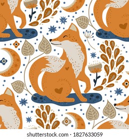 Nordic scandinavian fox animal seamless vector folk sitting among flowers pattern. Ornate woodland detailed textured cartoon wallpaper on a white background.