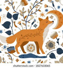 Nordic scandinavian fox animal seamless vector pattern. Ornate woodland detailed cartoon wallpaper on a white background. Folk art kid design.