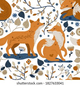 Nordic scandinavian fox couple in love animal seamless vector folk pattern. Ornate woodland detailed cartoon kid floral wallpaper on a white background.