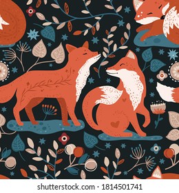 Nordic scandinavian fox seamless vector pattern. Hand drawn cute cartoon whimsicalforest animal illustration on a dark background.