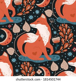 Nordic scandinavian fox seamless vector pattern. Hand drawn cute cartoon whimsical forest animal ornate illustration on a dark background. Autumn wallpaper.