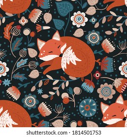 Nordic scandinavian fox seamless vector pattern. Hand drawn cute cartoon whimsical forest dream animal and flower illustration on a dark background. 