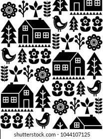 Nordic, Scandinavian inspired folk art seamless pattern - Finnish vector design in black and white.


Vector monochrome wallpaper background with flowers, Finnish house, rural scenery decoration - kid