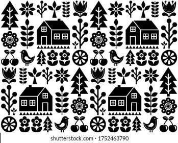 Nordic, Scandinavian inspired folk art seamless pattern - Finnish vector textile design in black and white. Vector repetitive cute background with flowers, Finnish house, rural scenery 