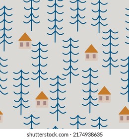 Nordic, Scandinavian inspired folk art seamless pattern - Finnish vector design in blue and red. Vector wallpaper background with flowers, Finnish house, rural scenery decoration - kiddy style