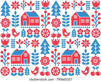 Nordic, Scandinavian inspired folk art seamless pattern - Finnish vector design in blue and red.

Vector wallpaper background with flowers, Finnish house, rural scenery decoration - kiddy style