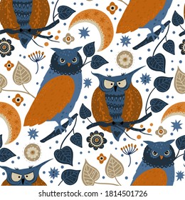 Nordic scandinavian owl bird animal couple seamless vector pattern. Ornate detailed cartoon ethnic illustration on a white background. Woodland decorative textile design.